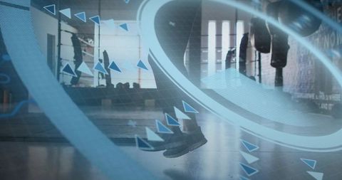 Female Runner Training in Studio with Futuristic Blue HUD Overlay, Motion and Reflection