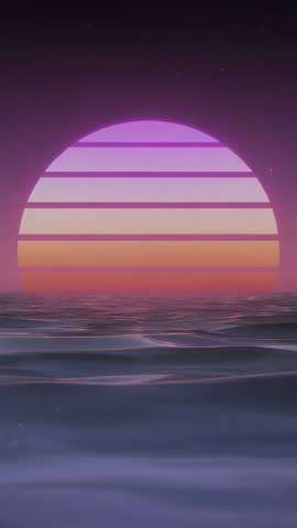 Vertical loop showing stylized neon sun over calm sunset ocean with particle motion