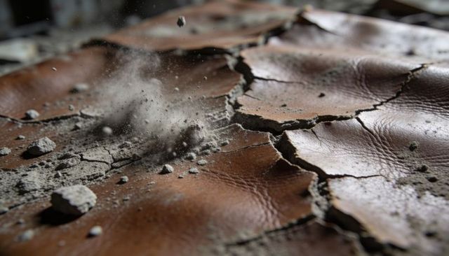Cracking leather surface releasing gray dust with deep fissures and scattered debris