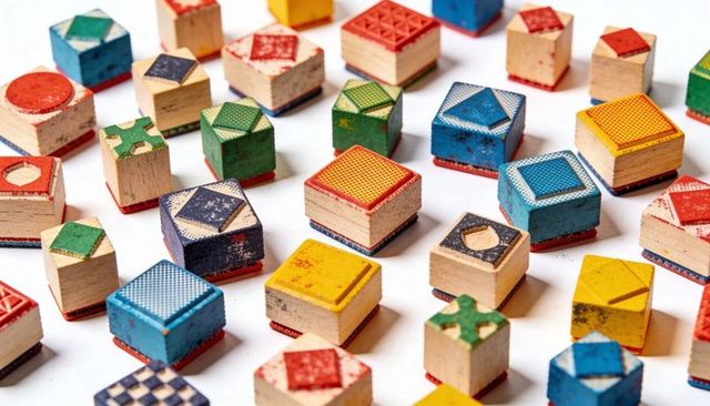 Arranging vintage wooden toy blocks with colorful worn tops and rubber bases on white table