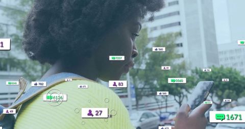Young woman checking smartphone with floating social notifications walking urban sidewalk