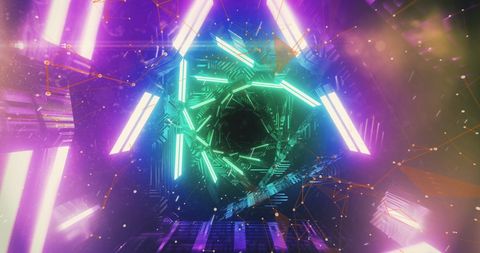 Dazzling neon geometric tunnel with kaleidoscope effect