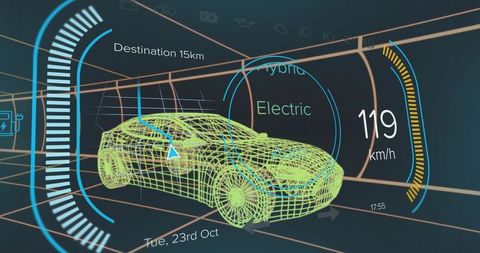 Futuristic AI-Driven Wireframe Car with Digital Dashboard Innovations