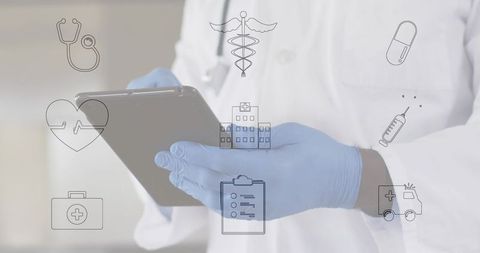 Senior Doctor Using Tablet with Medical Icons Overlay