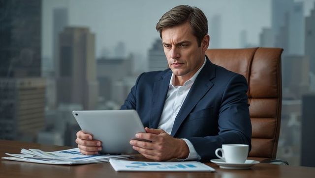 Executive studying tablet at high-rise desk with financial charts and coffee