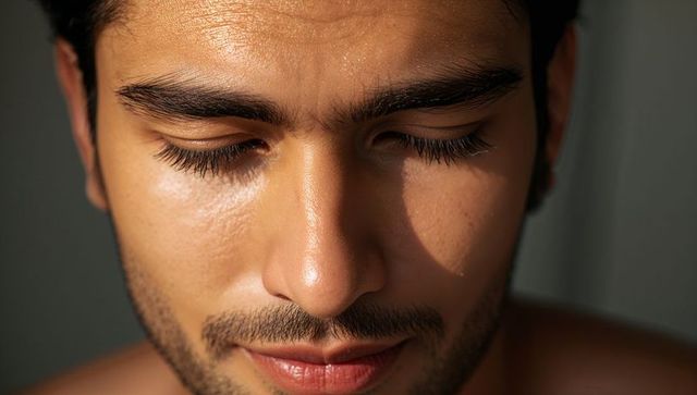 Tight close-up male face with closed eyes revealing skin texture, pores, warm directional light