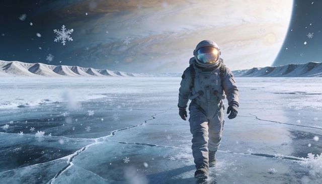 Astronaut walking across icy extraterrestrial plain under giant gas planet with falling snow
