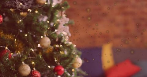 Festive Christmas Tree with Baubles and Warm Illuminating Lights