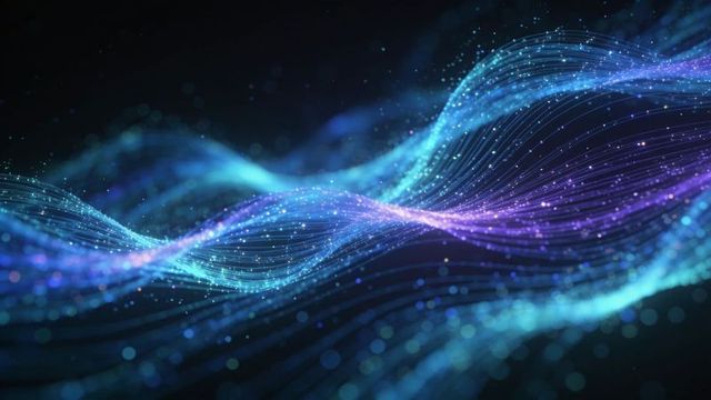Streaming luminous particle ribbons flowing across neon waveforms and digital energy lines