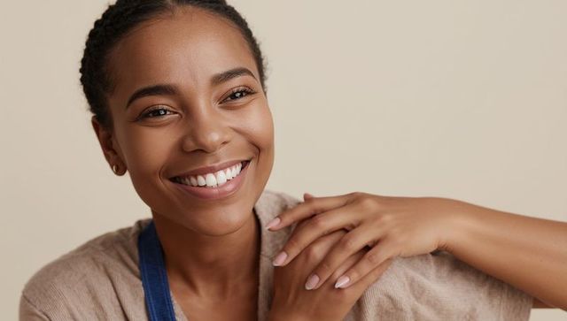 Smiling woman radiating natural warmth with manicured nails, stud earrings, soft light