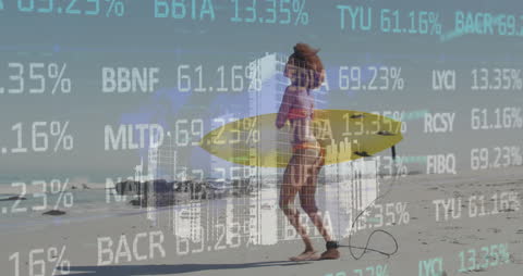 Surfer Enjoying Waves Overlayed with Global Business Graphics