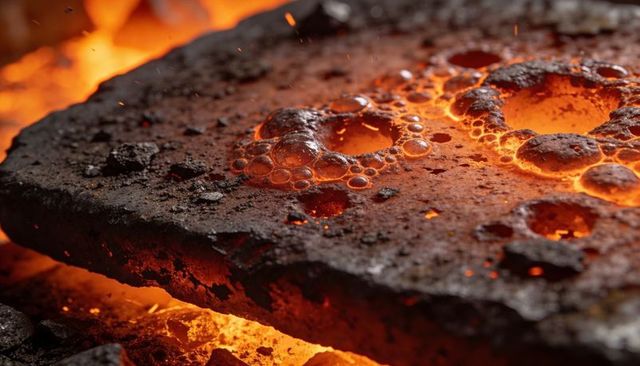 Bubbling molten slag slab glowing in foundry furnace with ember sparks and cavities