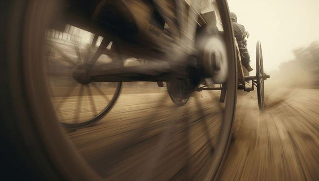 Vintage carriage wheels racing down dusty road in sepia motion blur