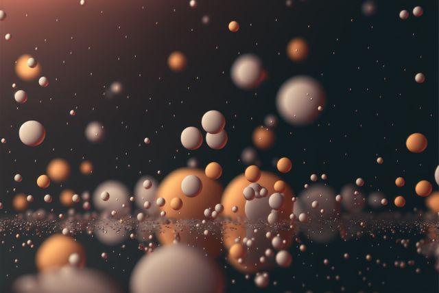 Magnified orange liquid particles floating in the air created using generative ai technology. Energy and suspension of microscopic particles moving in air concept.