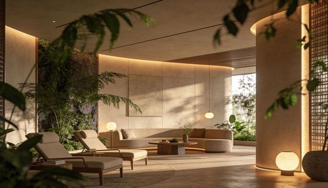 Curved sectional and round coffee table in sunlit biophilic lounge with greenery