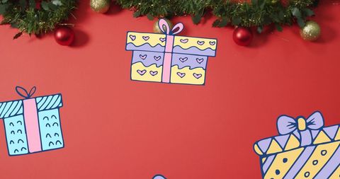 Festive Christmas Gift Boxes Over Red Holiday Background