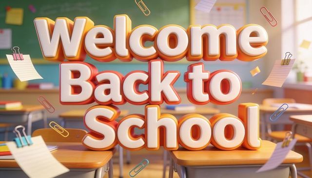 Bright 3d welcome back to school letters floating above classroom desks with drifting papers