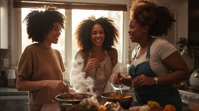 Three women cooking together in cozy backlit kitchen smiling and stirring steaming pans