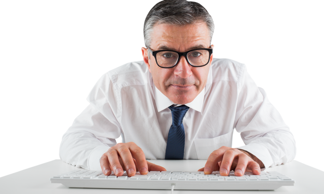 Mature Businessman Typing on White Keyboard Looks Concentrated Transparent Background - Download Free Stock Videos Pikwizard.com