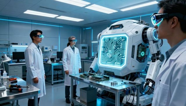 Researchers Assembling Advanced Humanoid Robot Circuitry Using Augmented Reality Goggles in Laborato