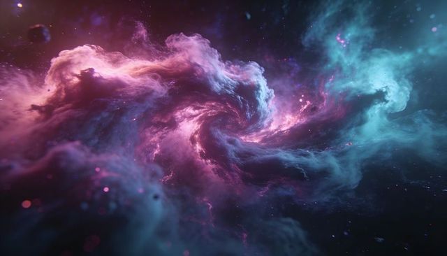 Swirling nebula radiating magenta and teal light with luminous central core