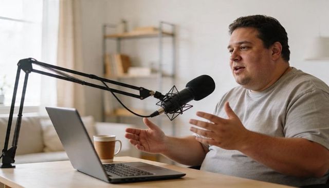 Podcaster recording from home with laptop and boom microphone, coffee and copy space