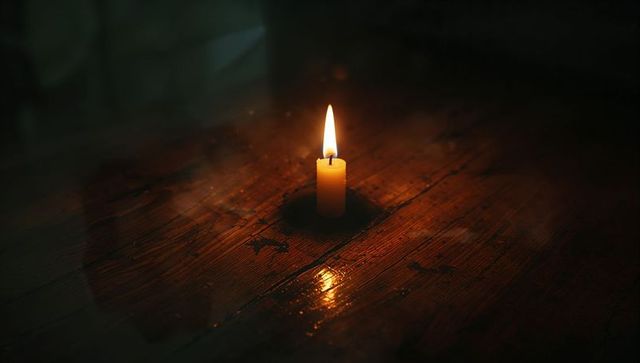 Single Candle Glowing in Dark Wooden Room