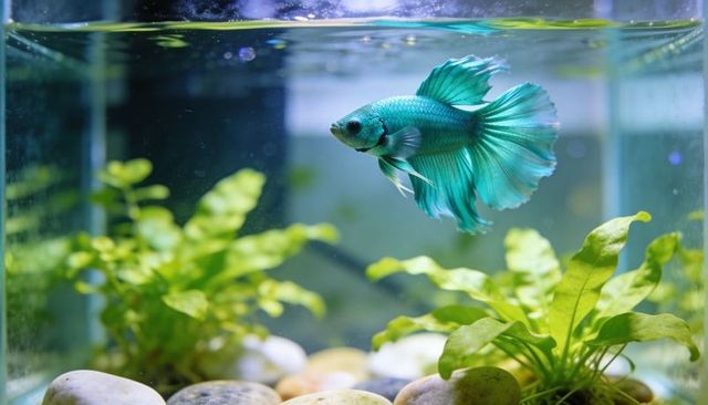 Teal betta fish swimming in planted aquarium with flowing fins and river pebbles