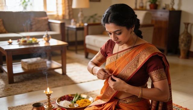 South asian woman adjusting orange gold saree during puja ritual with brass lamp and thali