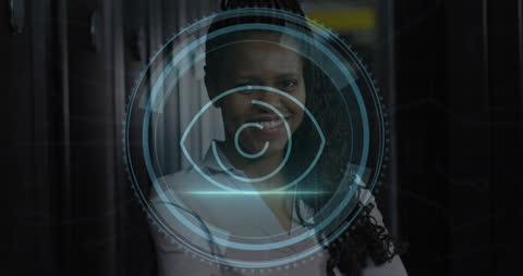 Digital Retina Scan Over Woman in Data Center Honoring Cybersecurity Technology