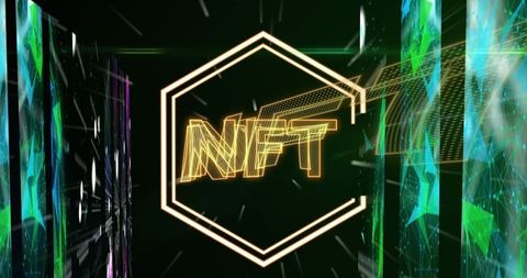 Hexagonal nft sign with plexus network screens background