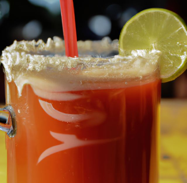 A vibrant close-up of a michelada cocktail featuring lime and a frosted rim. It is a traditional beverage made with beer, tomato juice, and seasonings, presented in a glass with a red straw. Perfect for advertisements related to summer drinks, Mexican cuisine, bars, and refreshing cold beverages.