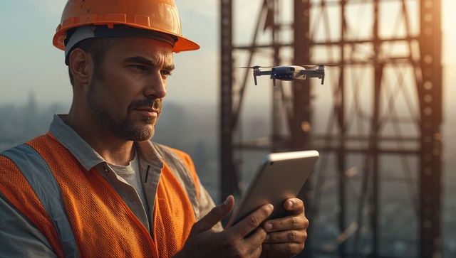 Engineer controlling drone at construction site during sunset