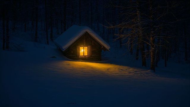 Warm Light Glowing from Remote Snowbound Cabin at Night in Silent Winter Forest Solitude