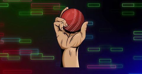 Hand holding red cricket ball with neon digital hud bars for sport tech and broadcast