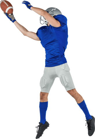 American football player leaping for pass on transparent background