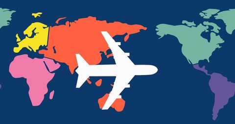 Airplane Silhouette Over Colorful World Map