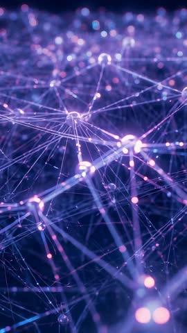 Vertical neon neural network mesh pulsing glass nodes moving camera abstract tech video
