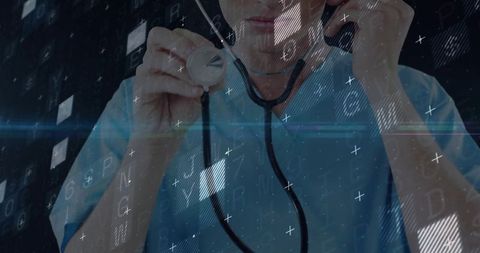 Doctor in Blue Scrubs Using Stethoscope with Digital Interface and Codes