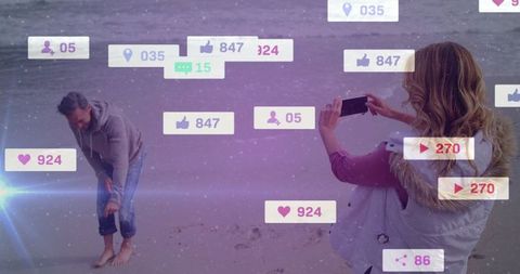 Modern Couple Sharing Outdoor Beach Experiences on Social Media