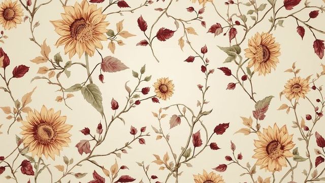 Sunflower floral wallpaper with textured vines and leaves