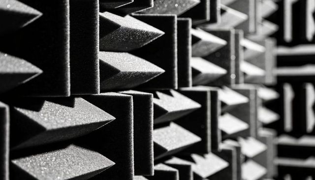 Acoustic foam pyramid panels creating diagonal shadows and repeating texture in monochrome