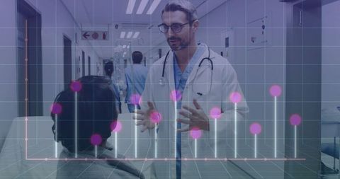 Doctor Advising Patient with Data Visualization Overlay in Hospital Corridor