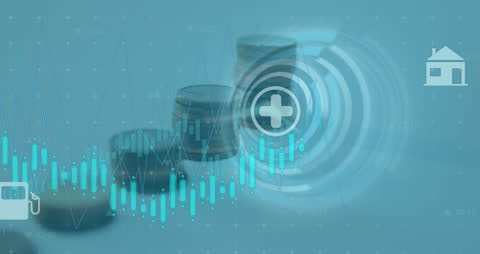 Financial Data Processing with Stack of Coins on Blue Background