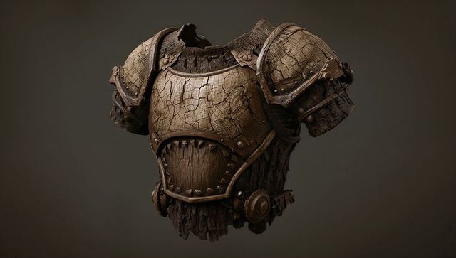 Weathered Wooden and Bronze Armor Cuirass With Cracked Texture Floating on Dark Backdrop
