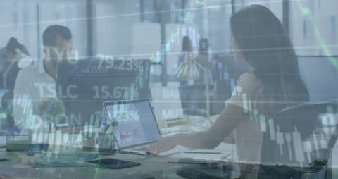 Double Exposure of Businesswoman with Rising Stock Graphs