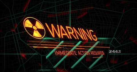 Glowing radiation warning hologram displaying immediate action required cyberpunk alert