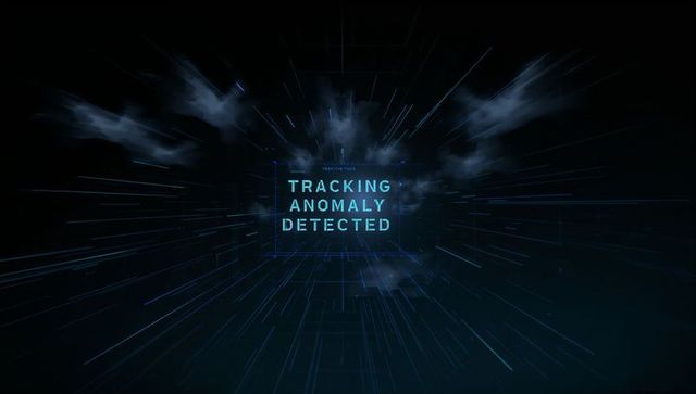 Tracking anomaly detected hud alert with neon holographic interface and radial grid lines