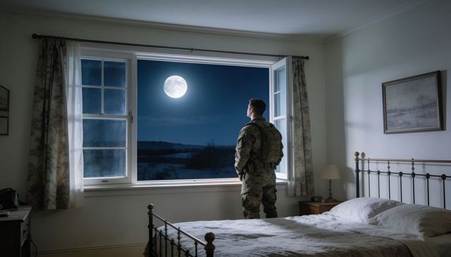 Soldier standing at open window under full moon over snowy plain military reflection