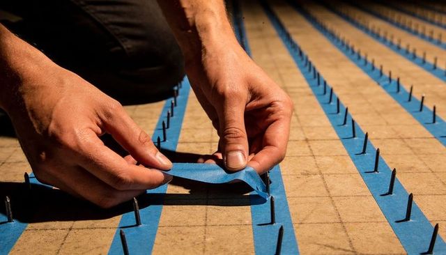 Hands placing blue painter tape on spiked grid for precise flooring layout and alignment